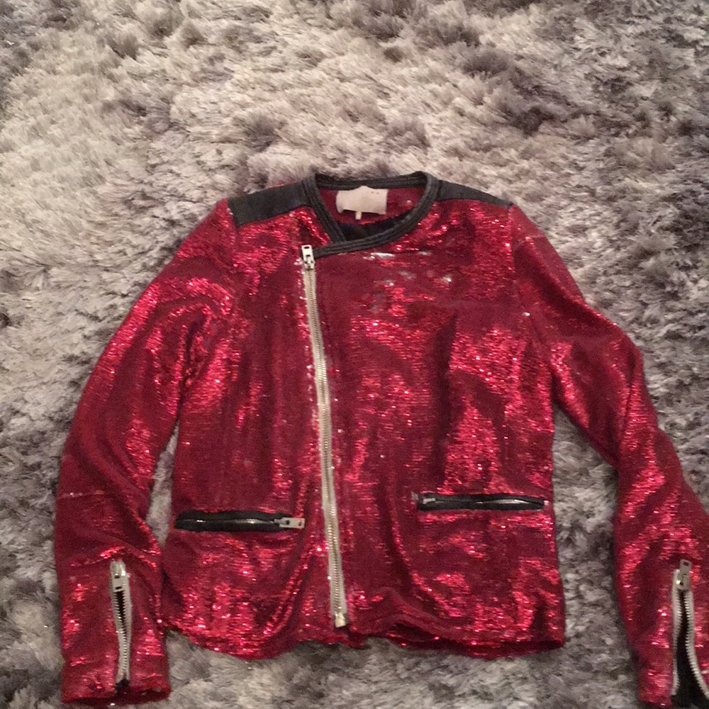 IRO Red Sequin Asymmetrical Zip Jacket